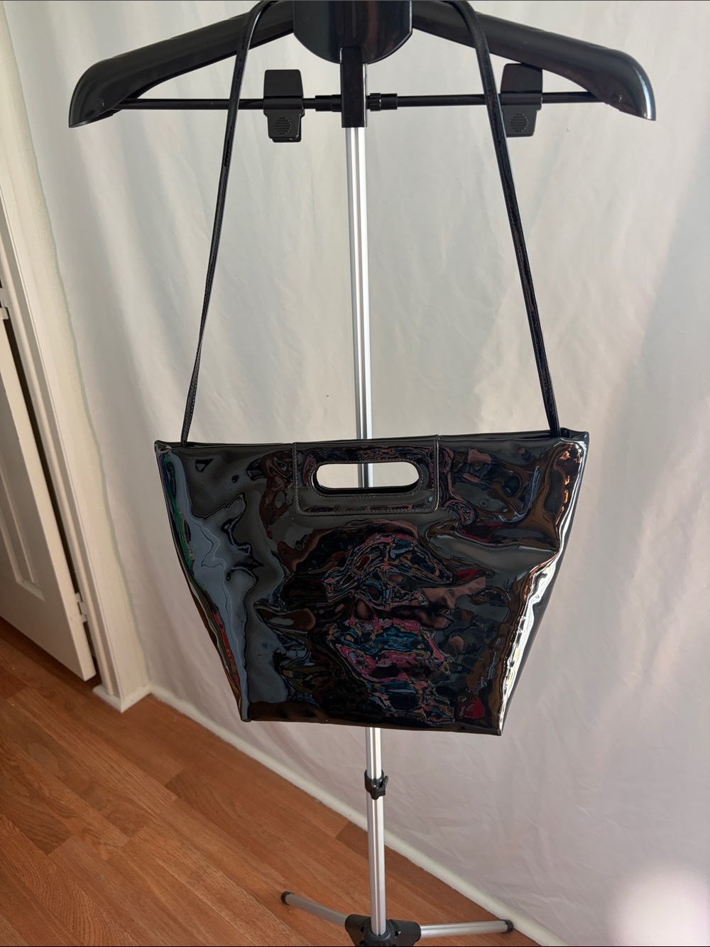 Black Patent Tote Bag with Shoulder Strap